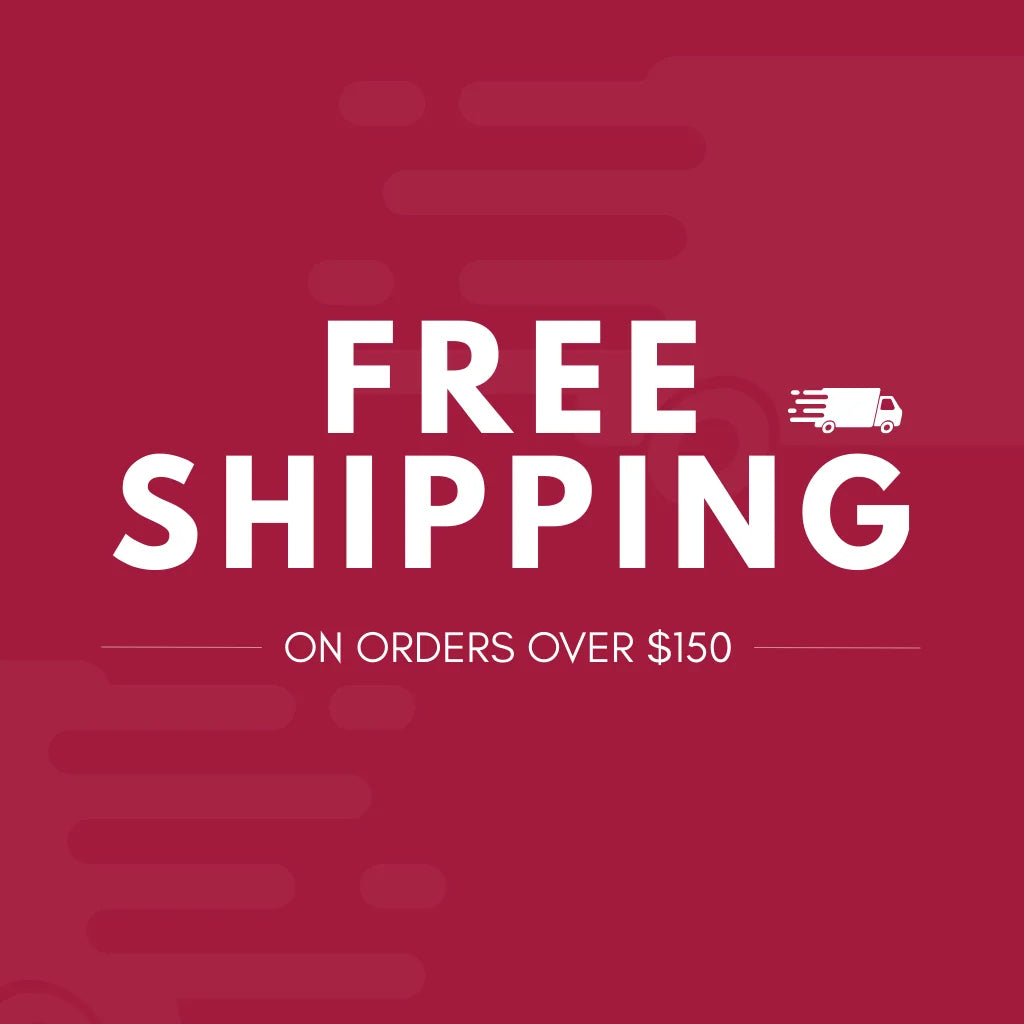 Free shipping banner from The Topi Wala – red background with fast delivery truck icon and $150 order minimum
