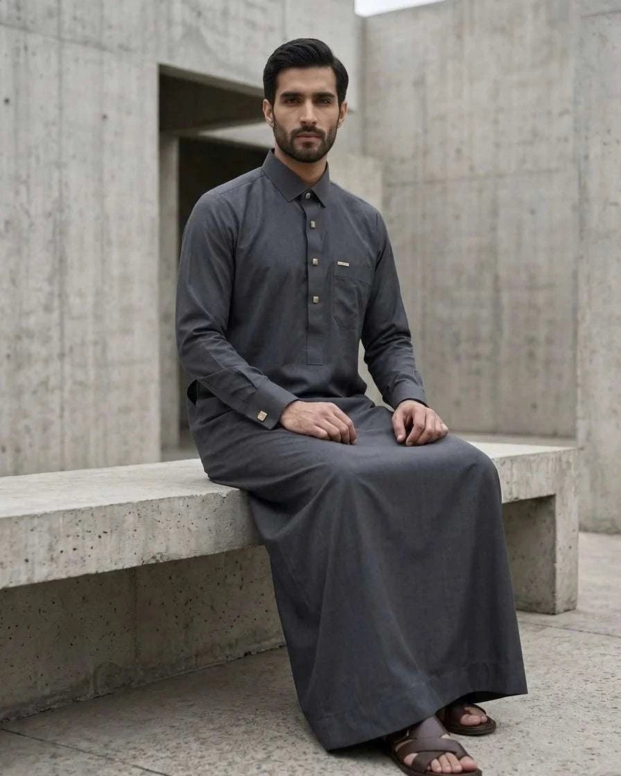 Graphite grey executive thobe with shirt collar for men, length and sleeve line