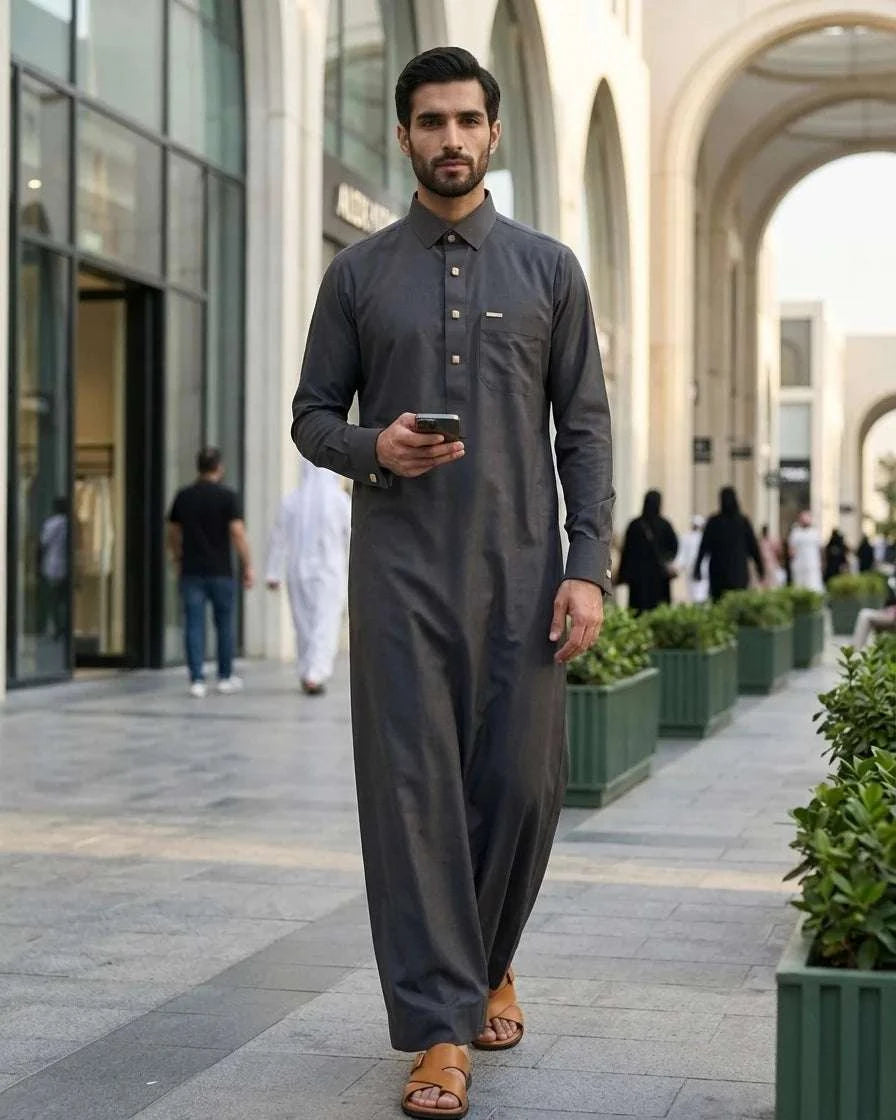 Graphite grey executive thobe with shirt collar for men, buttoned placket in close detail