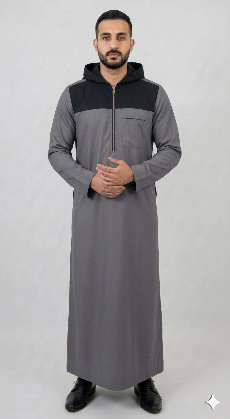 Gray and charcoal hooded thobe with color block for men, full front view