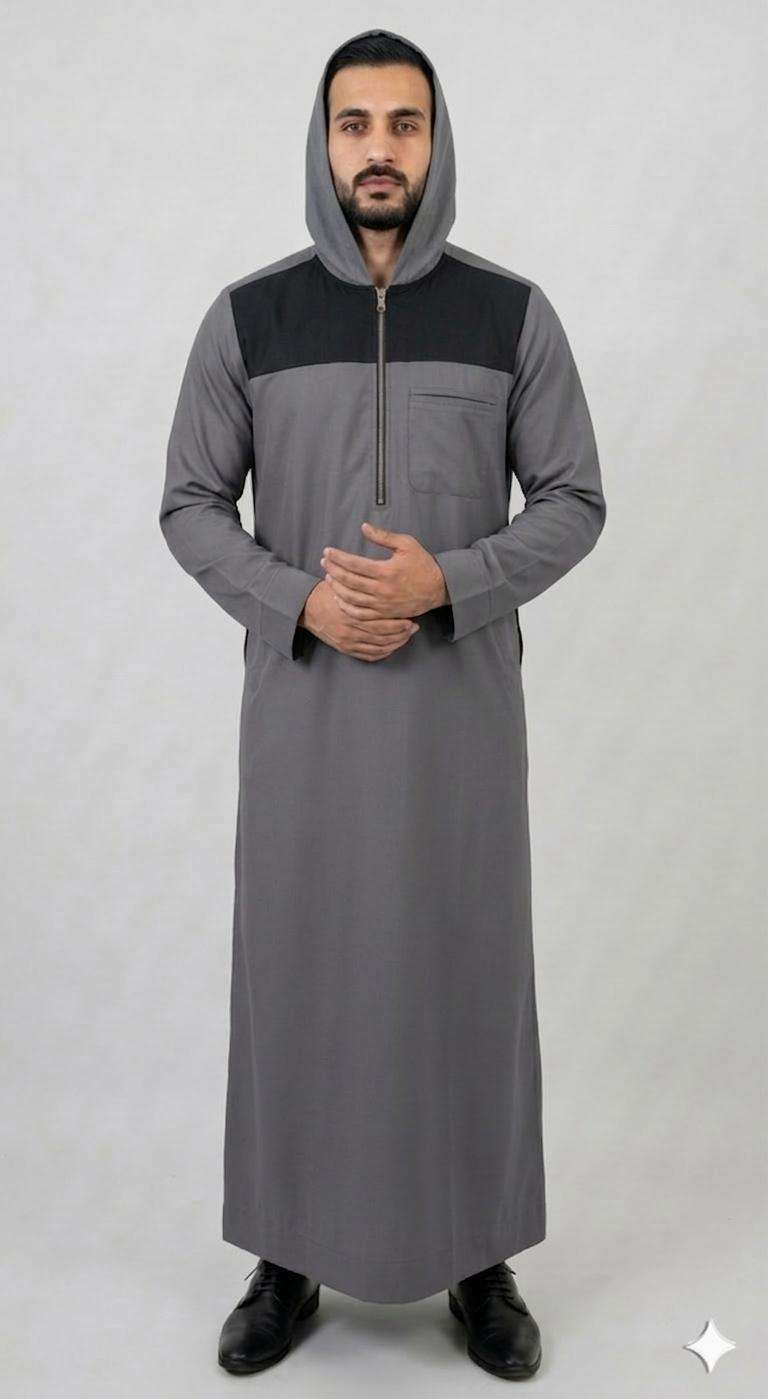 Gray and charcoal hooded thobe with color block for men, hood and zip detail