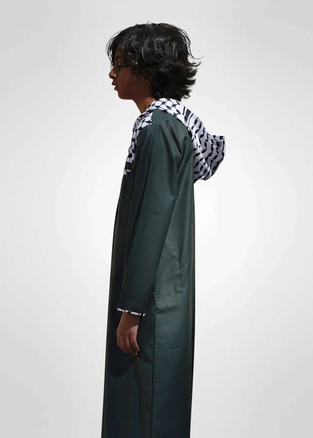 Green Kufiya hoodie thobe for boys, stitched pattern in close detail