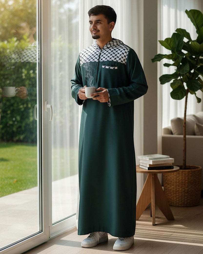 Green Palestinian hoodie thobe with Kufiya pattern for men, close-up of the embroidered detailing