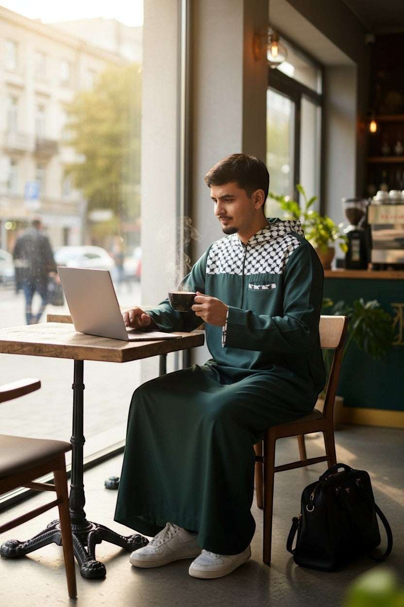 Green Palestinian hoodie thobe with Kufiya pattern for men, close-up of the finish
