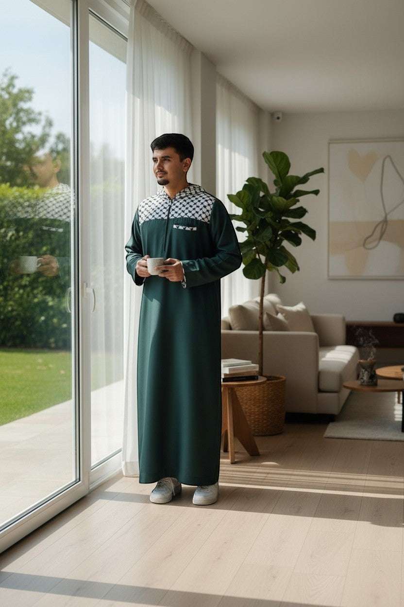 Green Palestinian hoodie thobe with Kufiya pattern for men, length and sleeve line