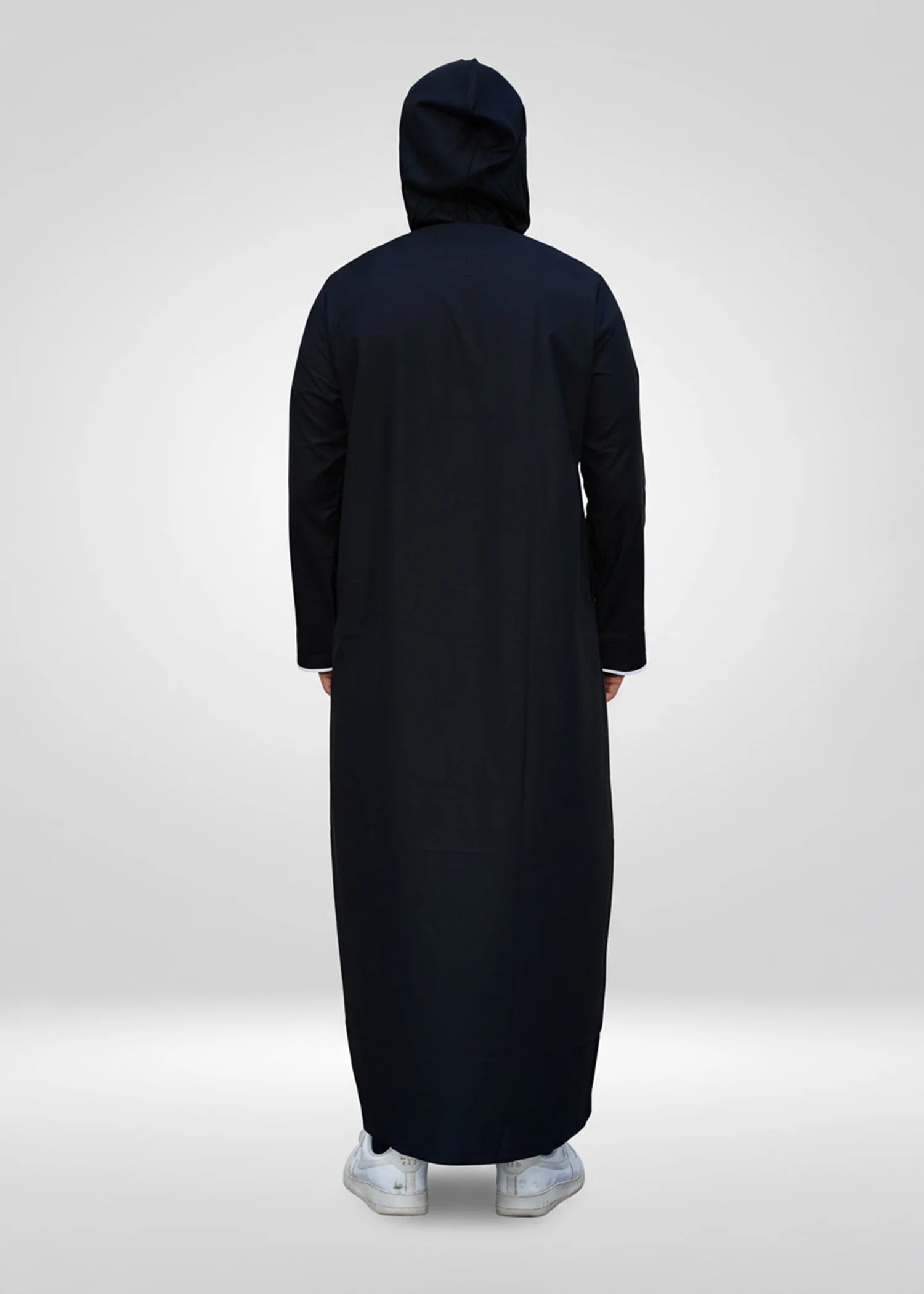 Detail shot of the front zipper and clean minimalist chest design on the black men's thobe