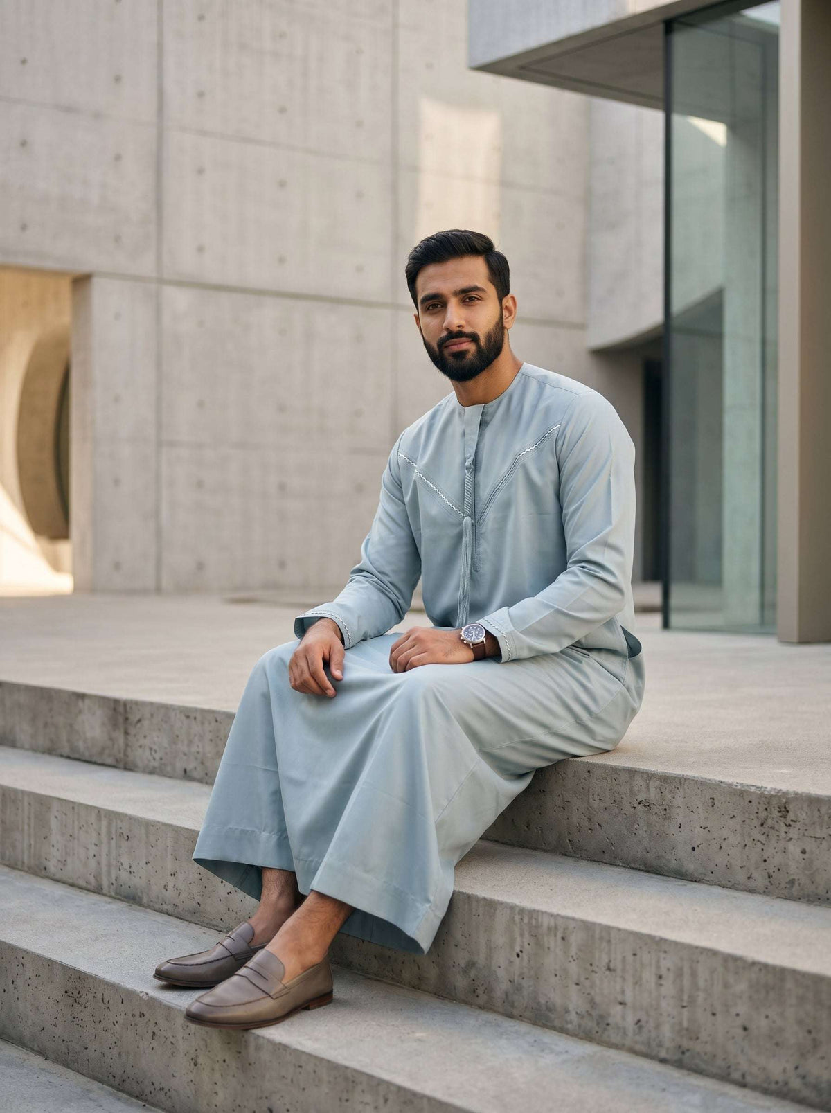 Ice blue Emirati jubba for men, side profile view