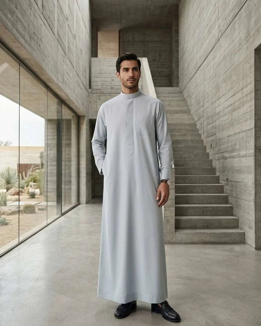 Ice blue executive thobe with mandarin collar for men, buttoned placket in close detail