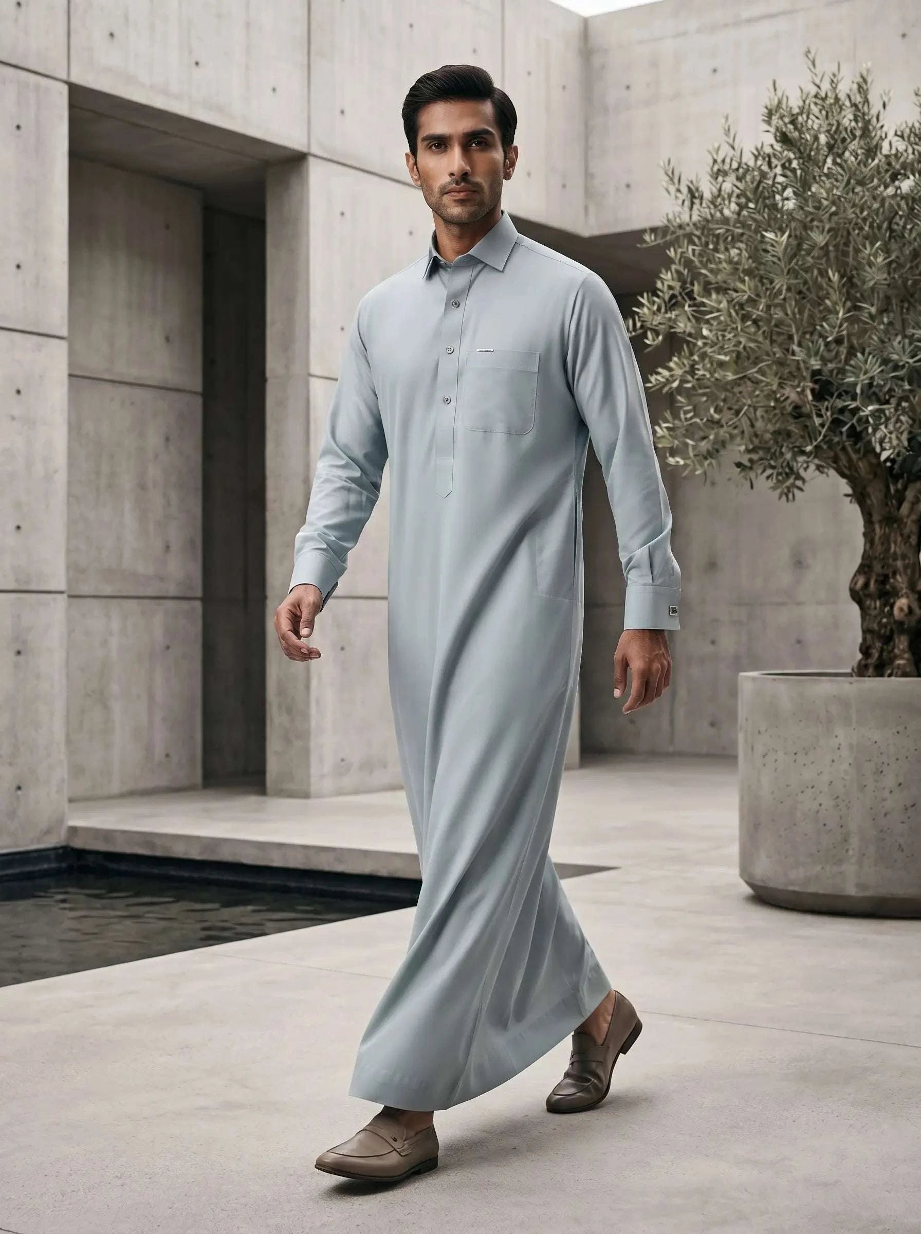 Ice blue executive thobe with shirt collar for men, buttoned placket in close detail