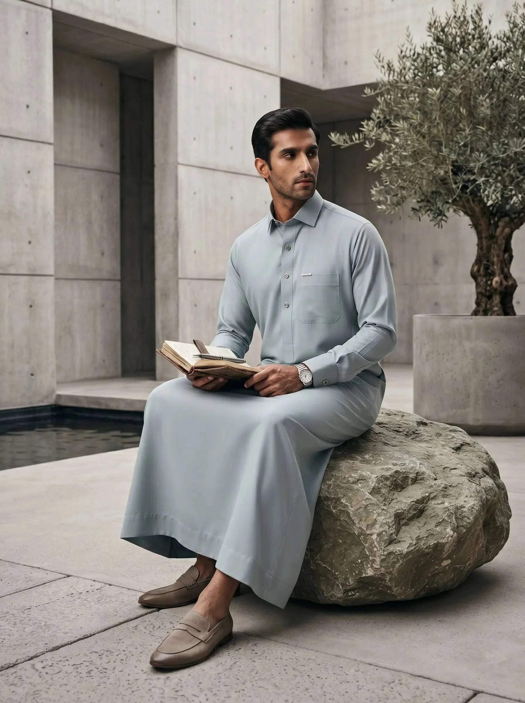 Ice blue executive thobe with shirt collar for men, side profile view