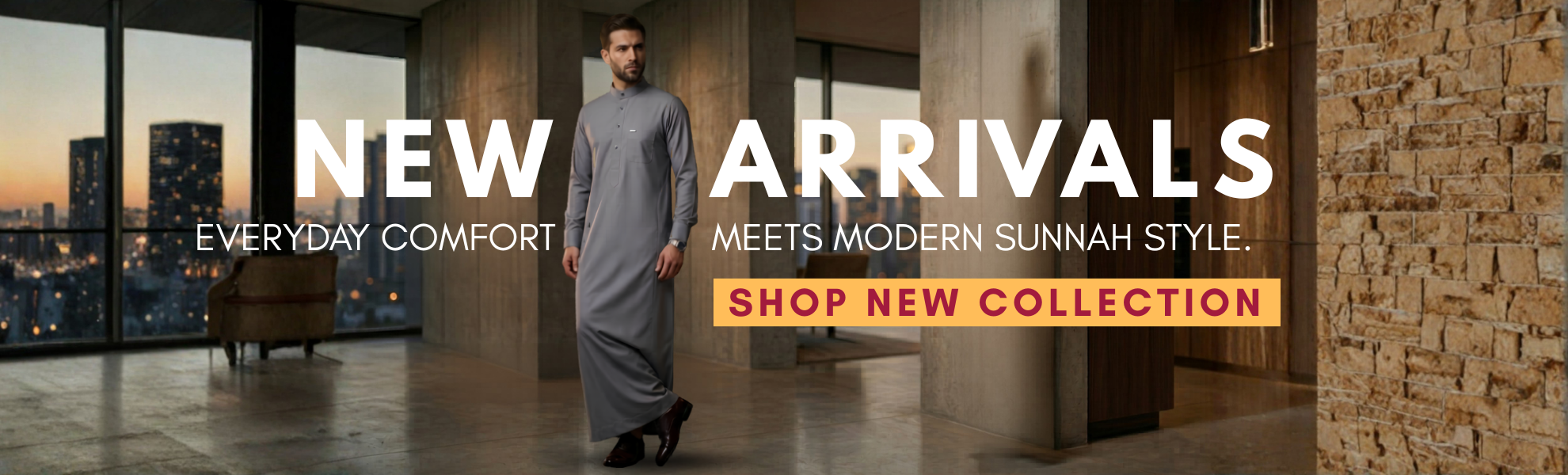 A Muslim man wearing a premium grey men's thobe in a modern home setting, showcasing elegant Islamic home clothing and comfortable casual jubbas. The banner reads 'Elegance Meets Sunnah Style - Shop Our Latest Collection' with a Discover Now button. Explore top-quality modest men's loungewear, everyday modern Sunnah wear, and relaxing home attire for Muslim men. Perfect for daily prayers, lounging, or hosting guests in stylish modest fashion. Elevate your everyday comfortable Islamic wardrobe.