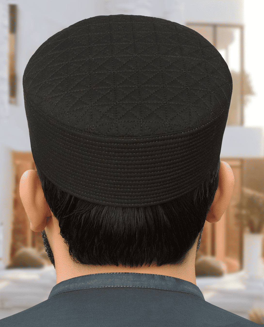 Black diamond quilt kufi prayer cap for men, shown from the front