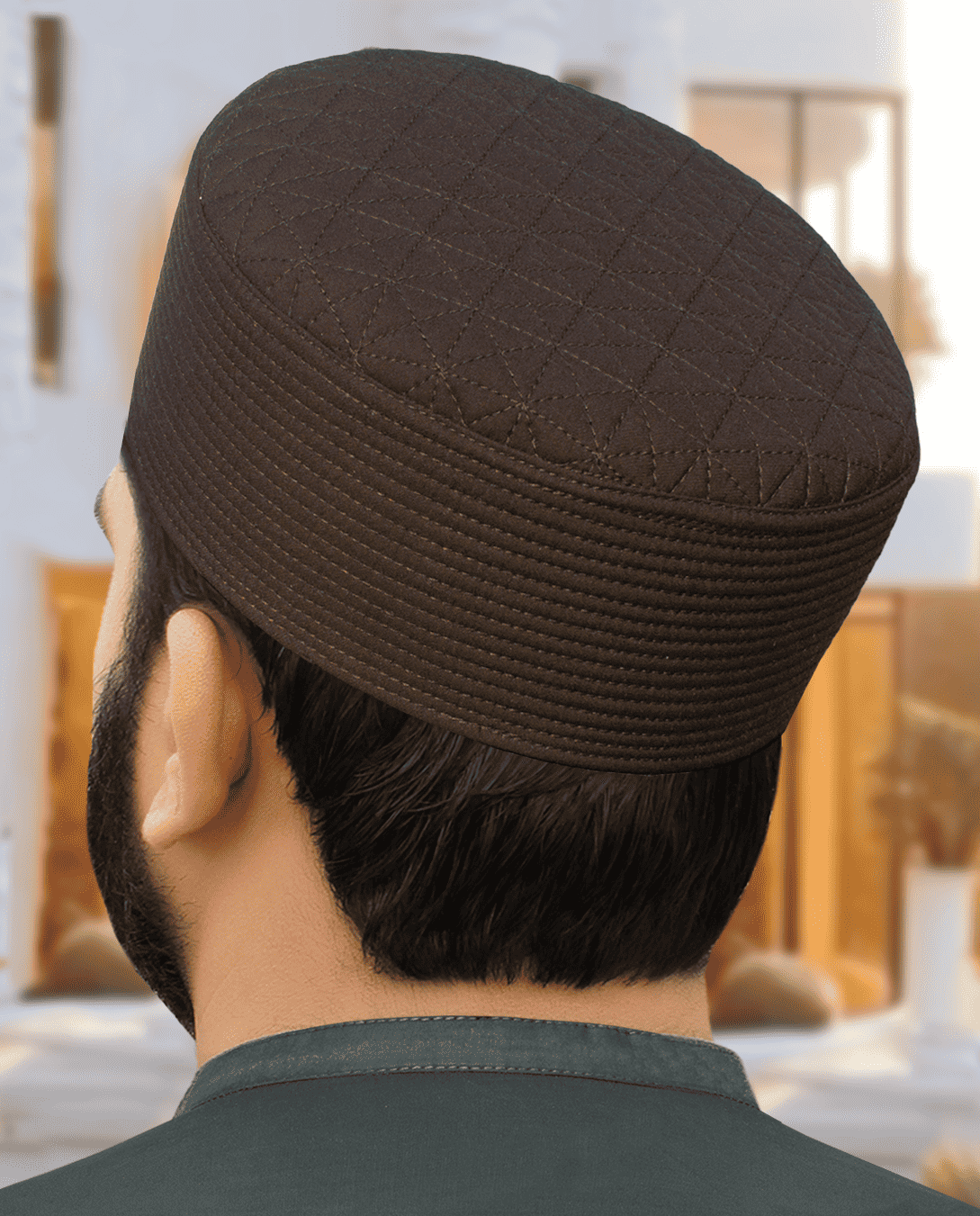 Chocolate brown diamond quilt kufi prayer cap for men, made for daily salah