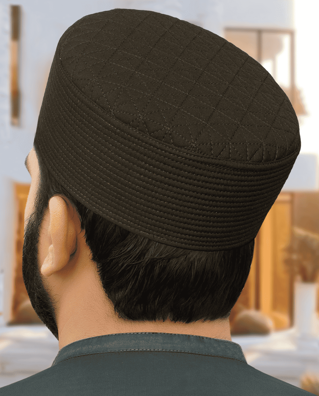 Dark olive diamond quilt kufi prayer cap for men, an everyday Sunnah essential