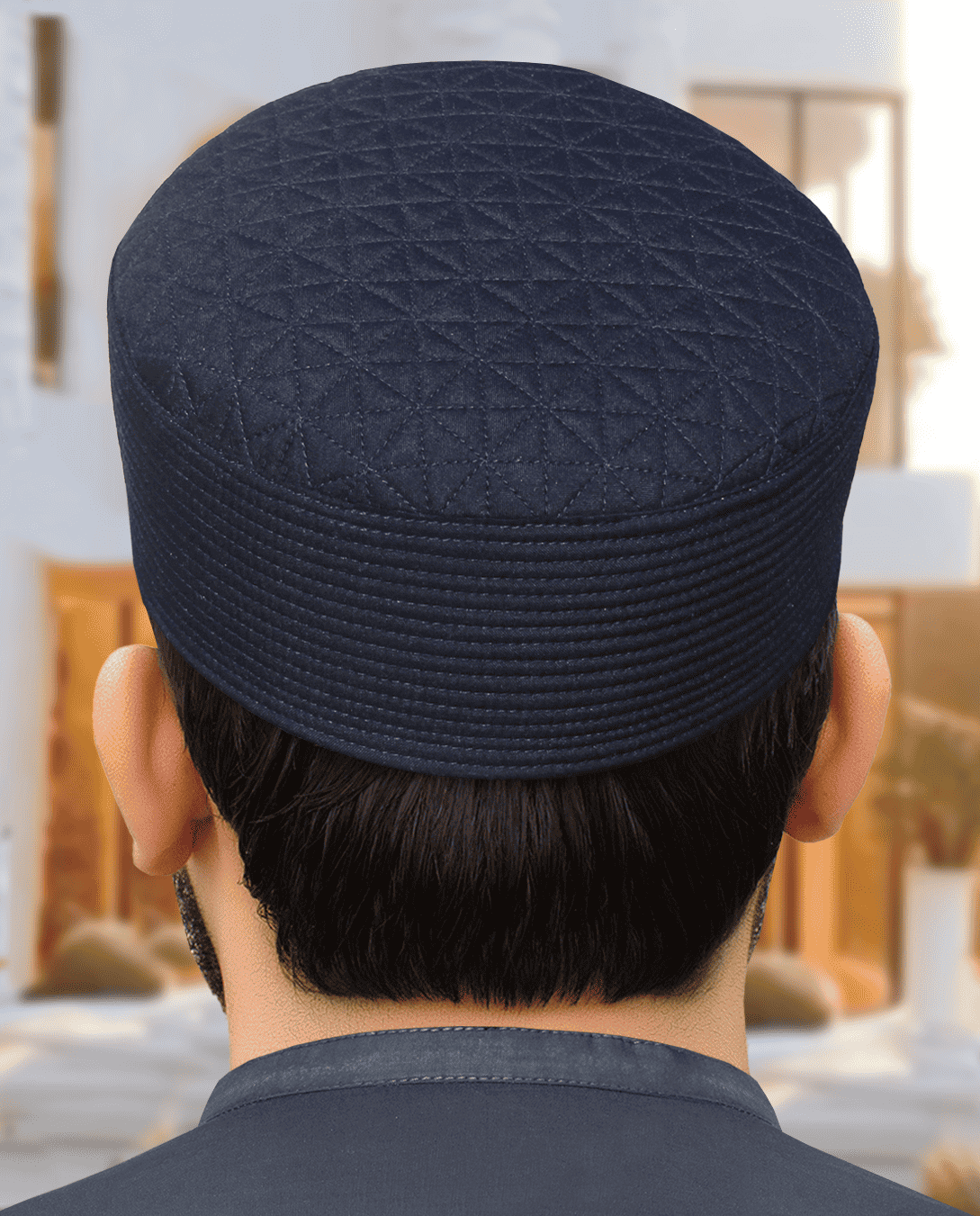 Navy blue diamond quilt kufi prayer cap for men, a Sunnah wardrobe staple