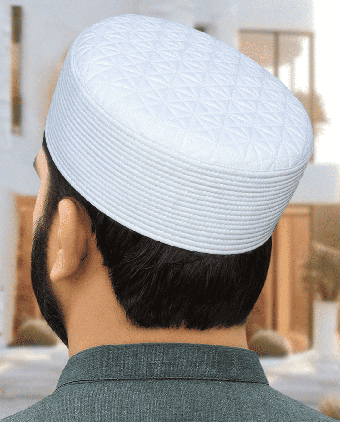 Off white diamond quilt kufi prayer cap for men, worn for salah and Eid