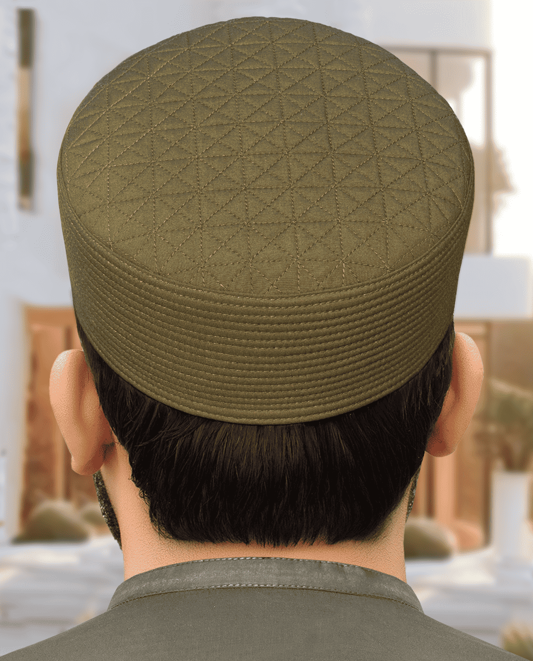 Smoky ash diamond quilt kufi prayer cap for men, shown on a plain backdrop