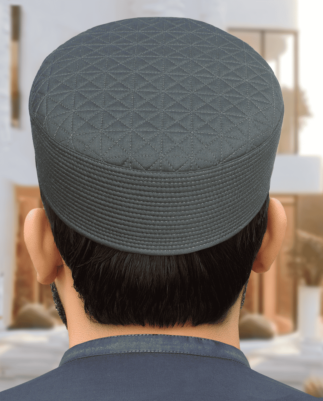 Storm gray diamond quilt kufi prayer cap for men, styled for Eid and Jumuah