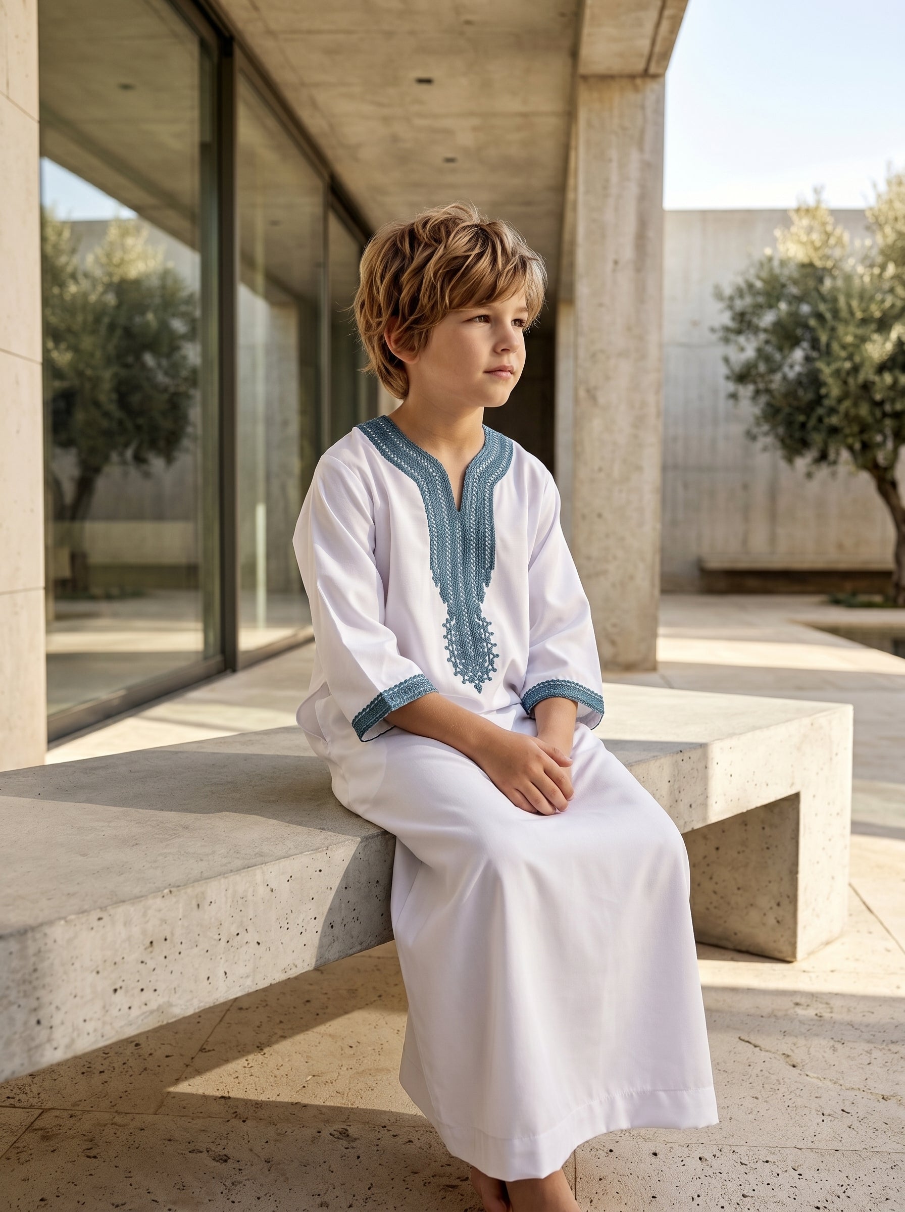 Boys' Premium White Moroccan Gandora with Teal Embroidery