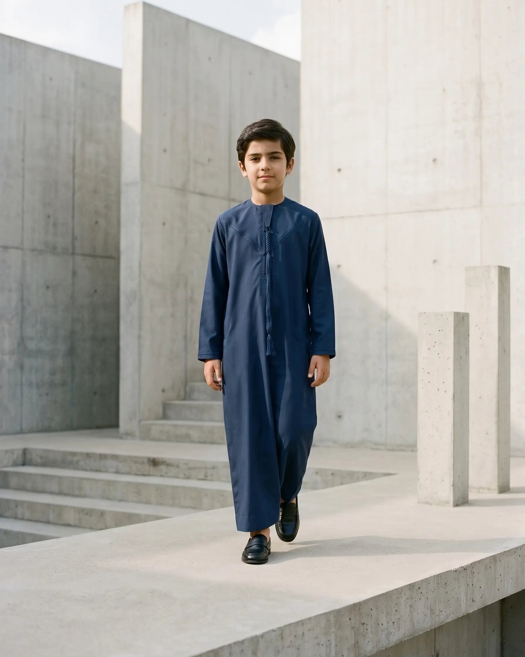 Premium Navy Blue Emirati Thobe for Kids with Braided Tarboush