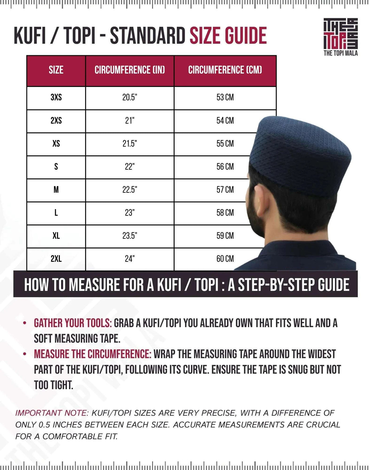 Kufi topi size chart with head circumference measurements for a lasting fit
