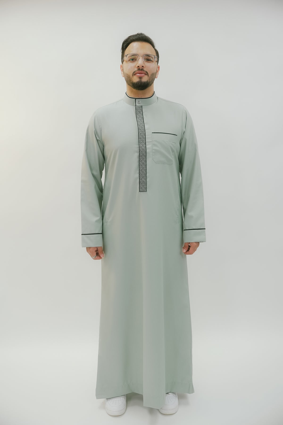 Light green thobe with embroidered collar for men, alternate view of the drape