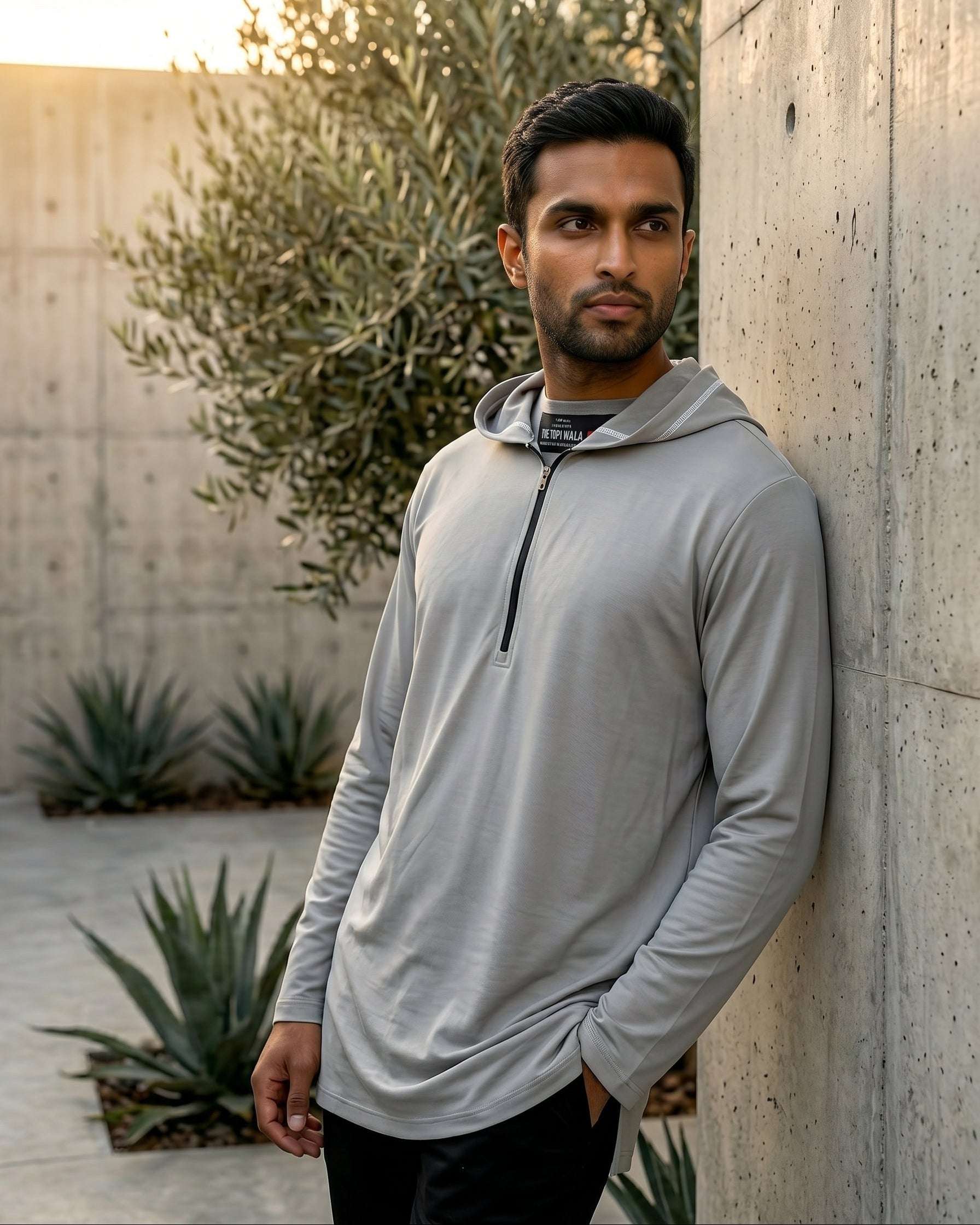 Light grey hooded kurta with half-zip jersey for men, side profile view