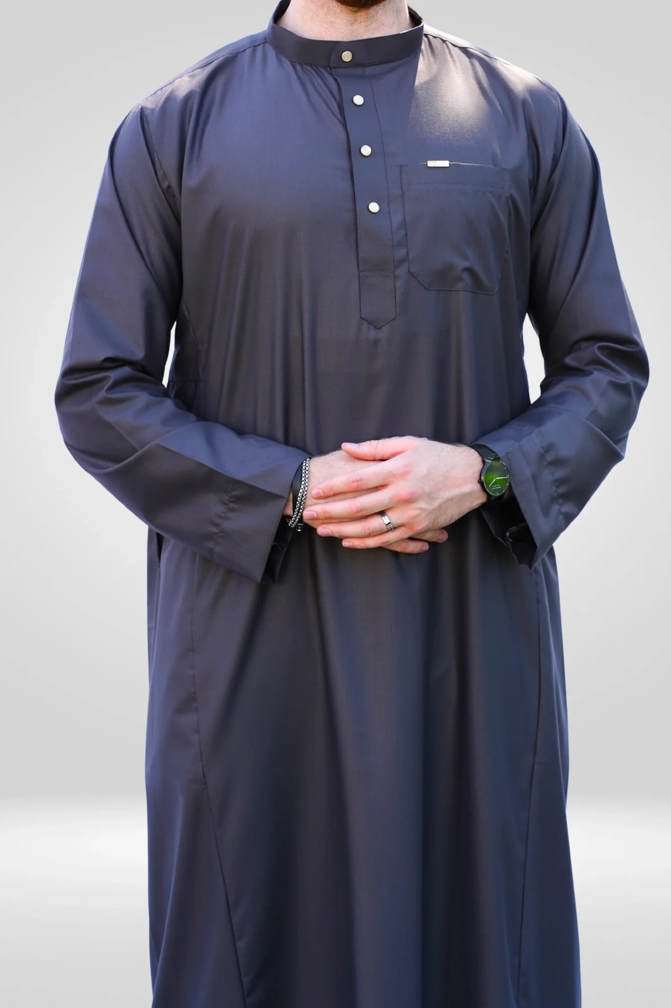 Mandarin Collar Close Up, Clean Finish, Simple Gray Design.