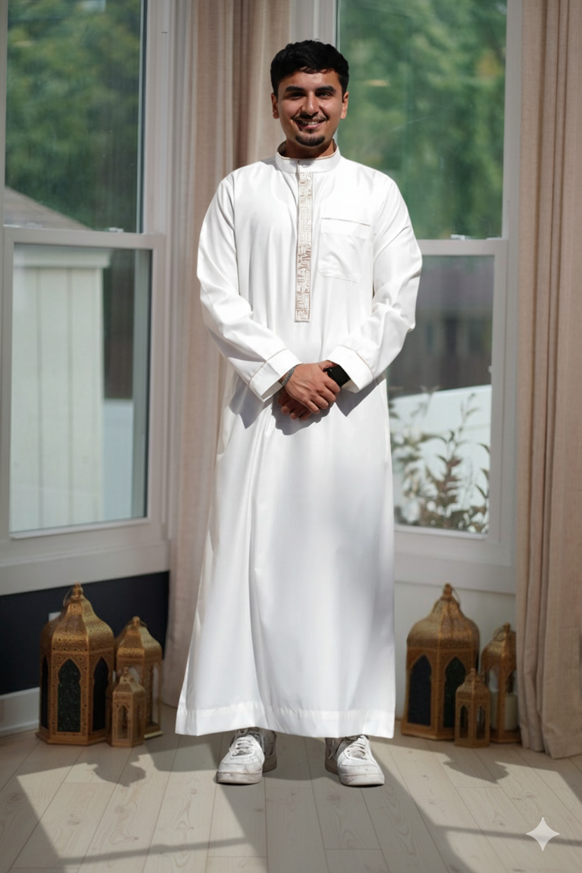 Full view of Luxury Cream Thobe with Mandarin Collar, essential Eid attire for men in Chicago, US market.