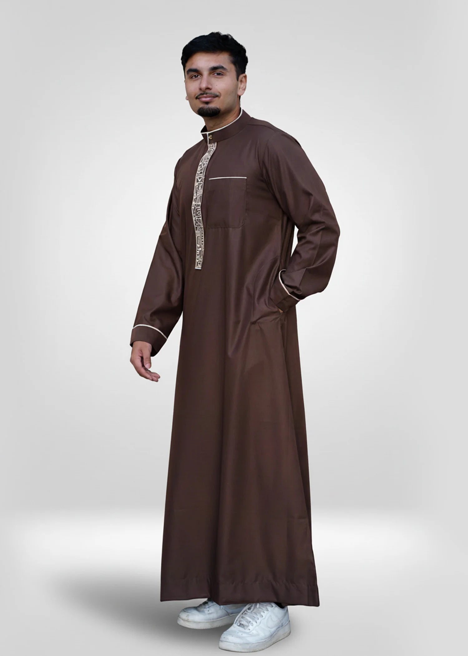 Side view of the Mandarin Collar Thobe, capturing keywords for luxury men's modest wear in Washington for formal occasions.