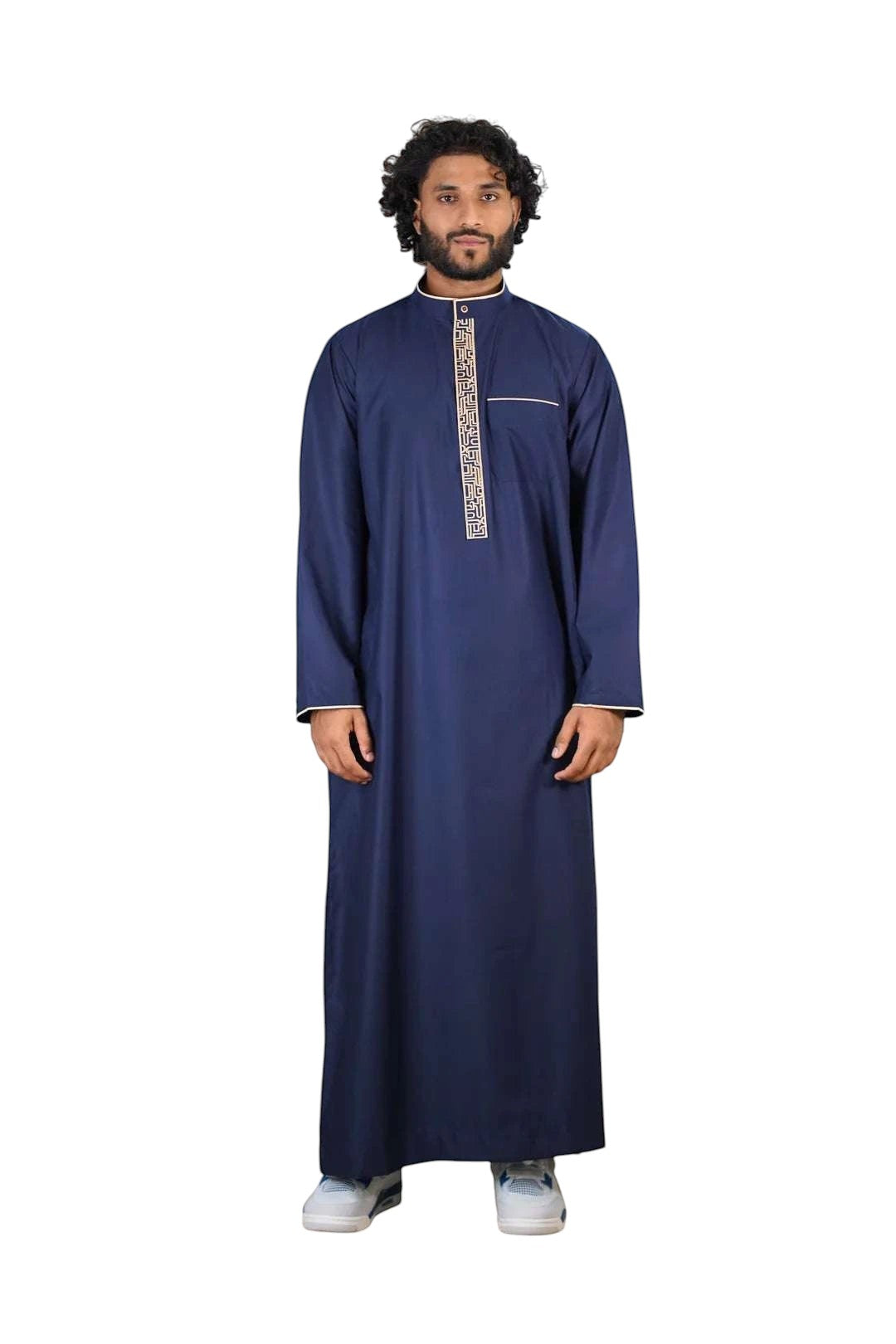 Navy blue and beige thobe with geometric embroidery for men, full front view