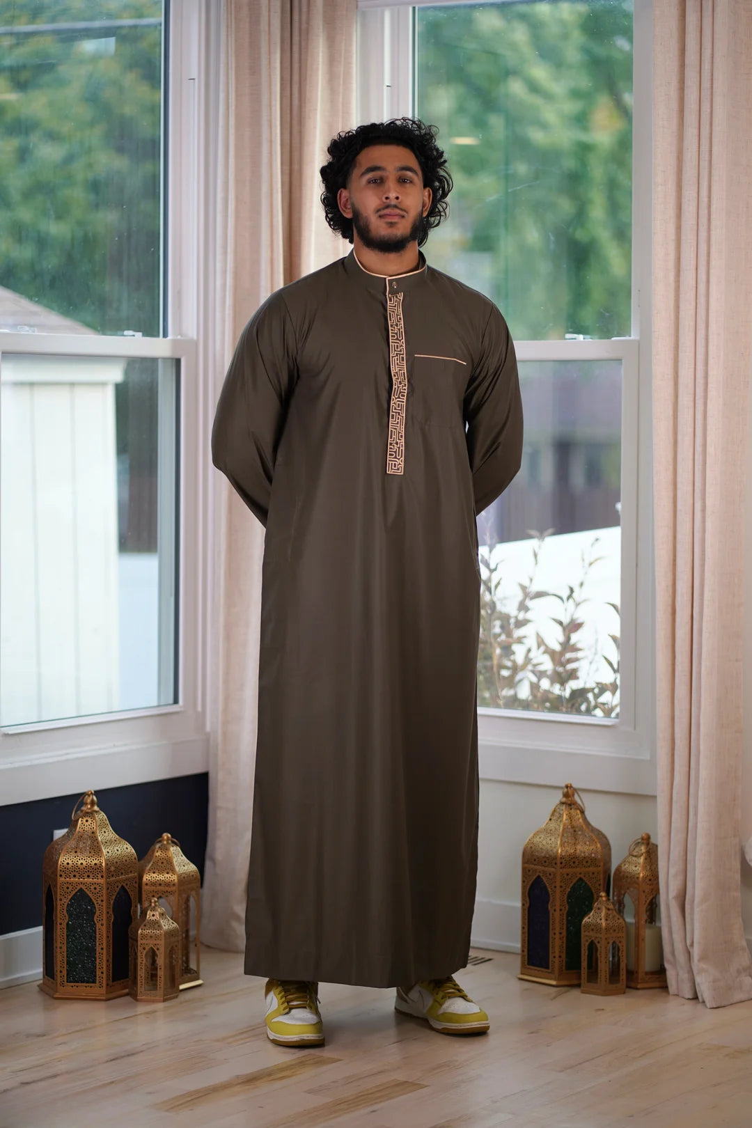 Full view of Luxury Olive Green Thobe, essential Formal Attire for men in Georgia, US market.