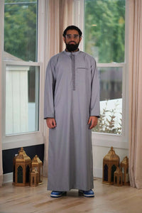Men's Gray Embroidered Thobe – Mandarin Collar