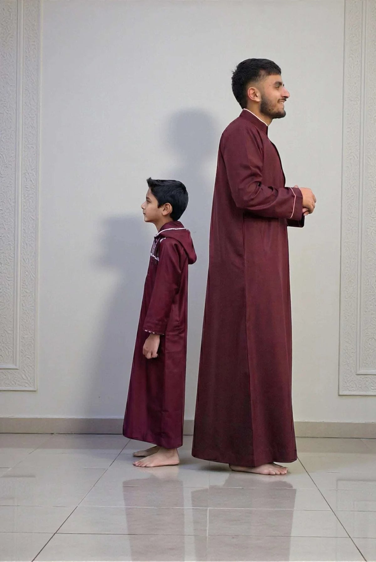 Maroon and gold thobe for men and boys, father and son matching set