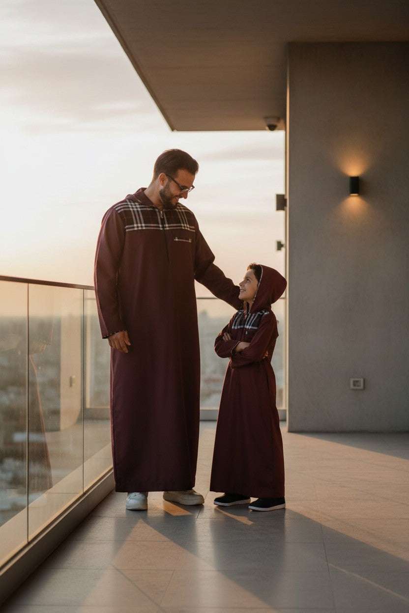 Maroon checkered hoodie thobe for men and boys, embroidery shown in close detail