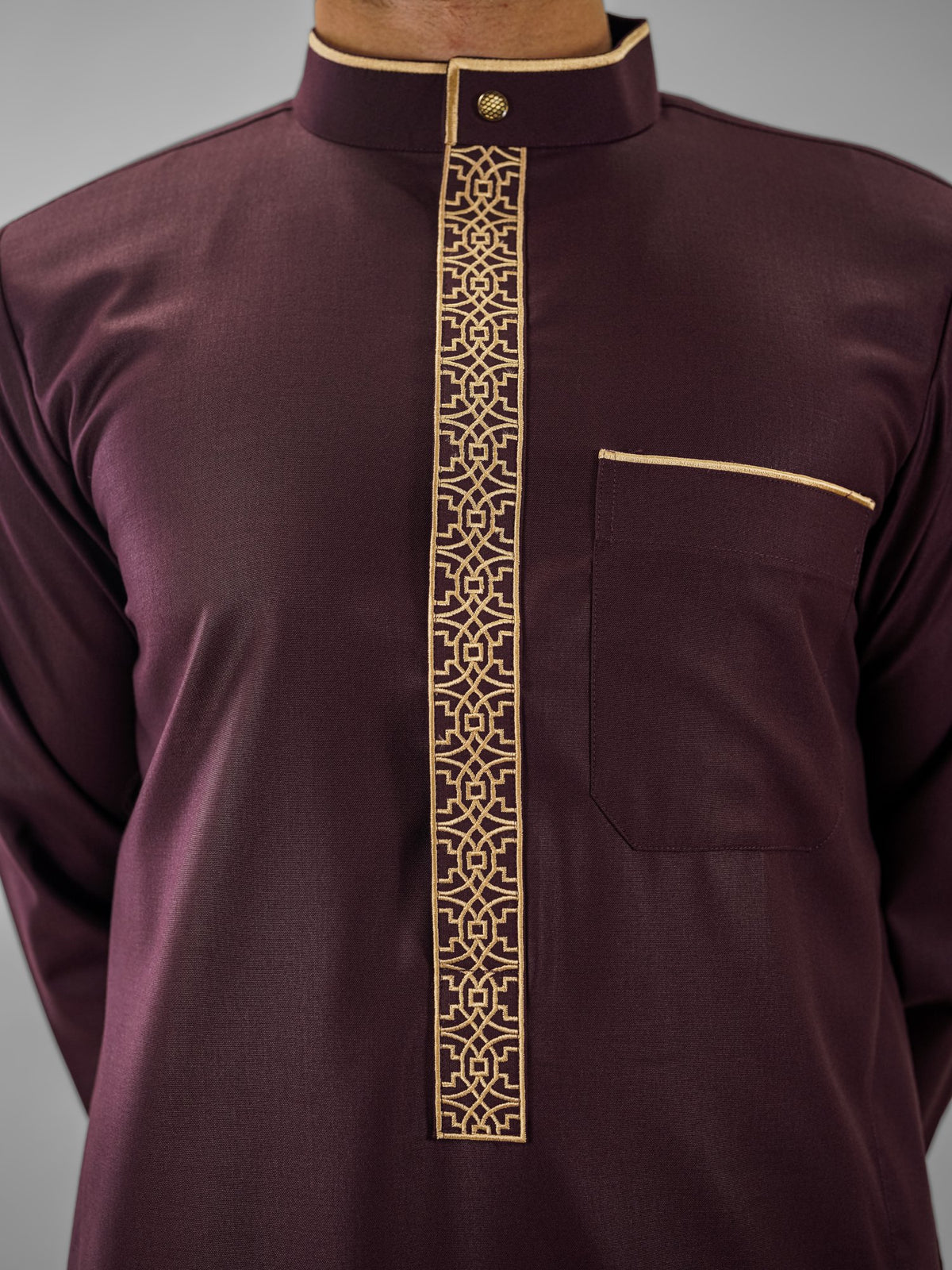 Maroon executive bronze embroidery thobe for men, stitched pattern in close detail
