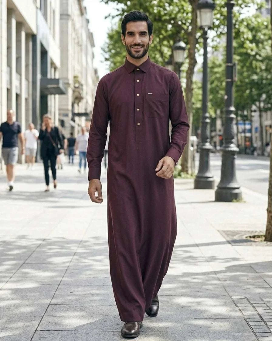 Maroon executive thobe with shirt collar for men, a closer look at the finish