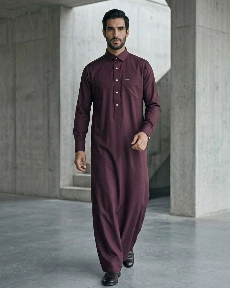 Maroon executive thobe with shirt collar for men, full front view