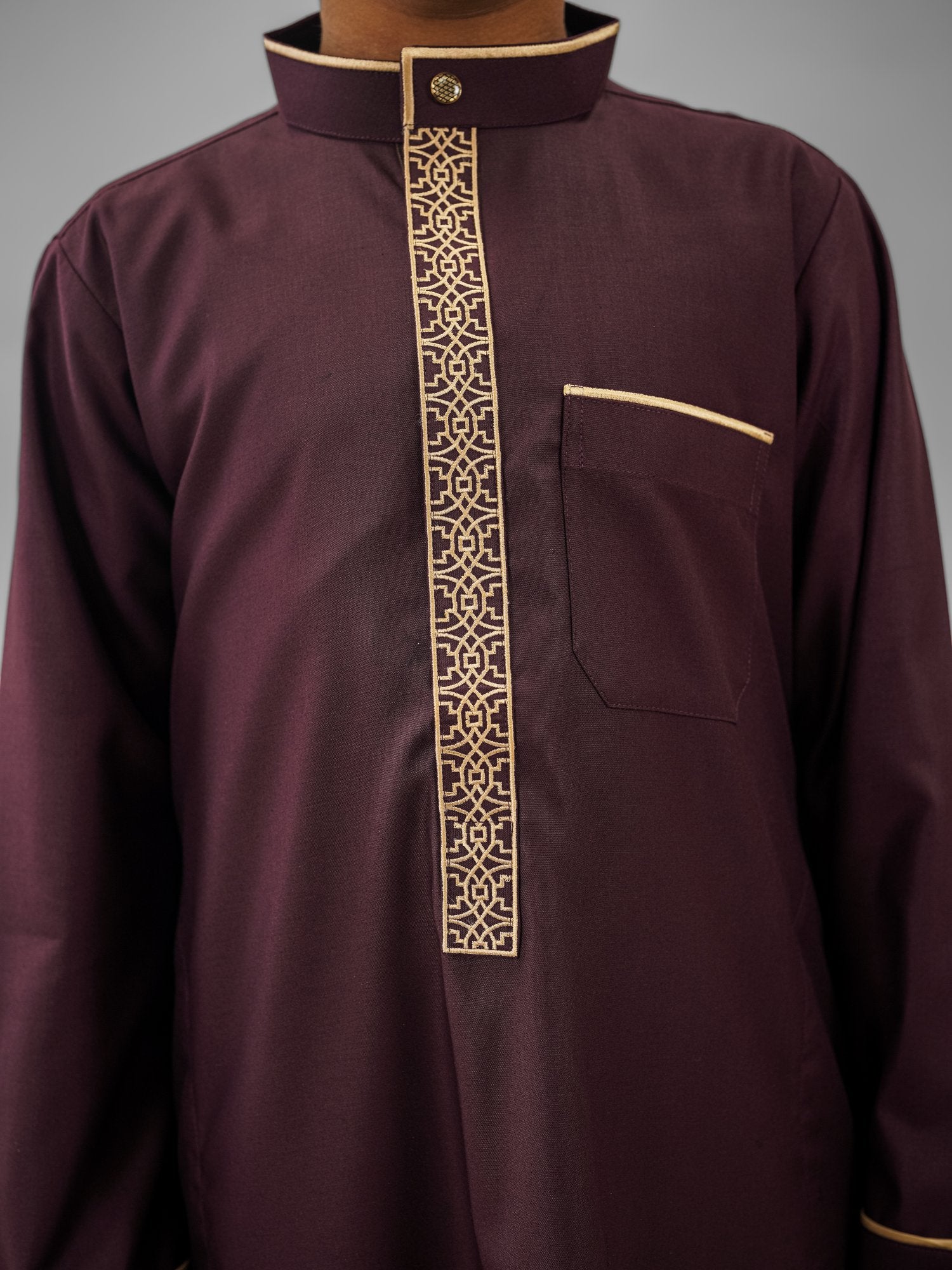 Maroon gold embroidered mandarin collar thobe for boys, side profile view