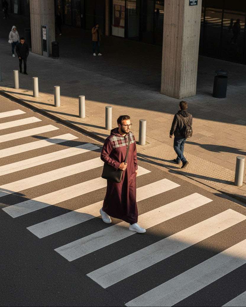 Maroon hoodie thobe with checkered pattern for men, embroidery shown in close detail