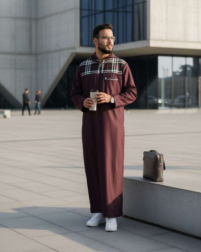 Maroon hoodie thobe with checkered pattern for men, close-up of the embroidered detailing