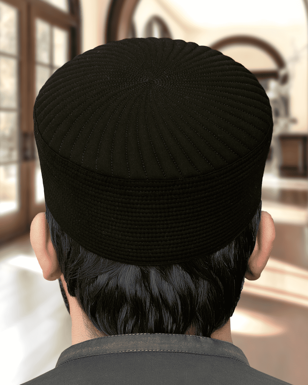 Dark olive structured quilted kufi prayer cap for men, shown from the front