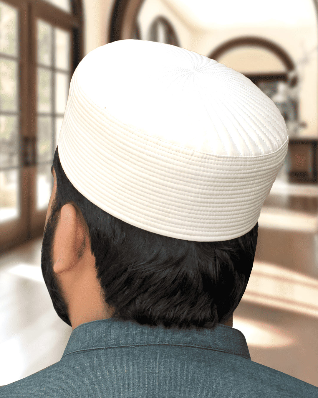 Off white structured quilted kufi prayer cap for men, made for daily salah