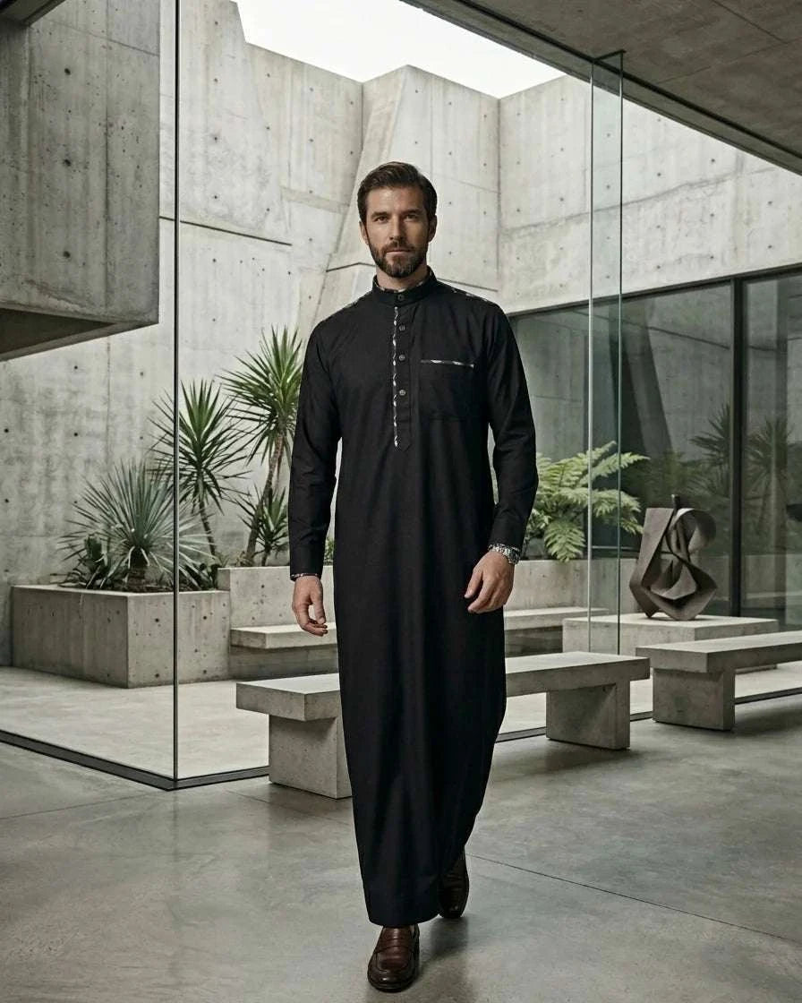 Premium Black Thobe with Mandarin Collar and Silver Embroidery