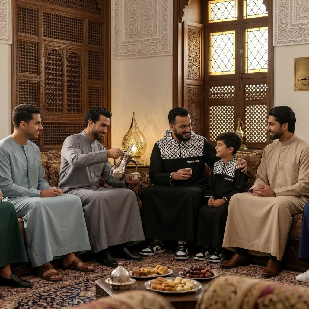 A beautiful Muslim family gathering for Eid, enjoying Arabic coffee in a traditional room. Men and a young boy showcase a premium collection of affordable Islamic menswear, including a light blue thobe, a formal grey jubba, a sand beige kandura, and matching father and son black hooded thobes with geometric patterns. Shop the best online Islamic clothing boutique for men's thobes, modern boys jubbas, and modest fashion perfect for Ramadan, Jumuah prayers, and special occasions by The Topiwala.