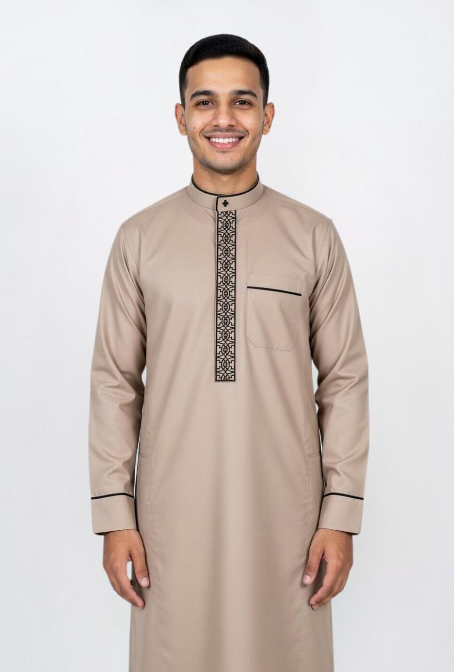 The Topi Wala's exclusive Desert Taupe geometric embroidered thobe for men, featuring a modern fit and crisp black piping.
