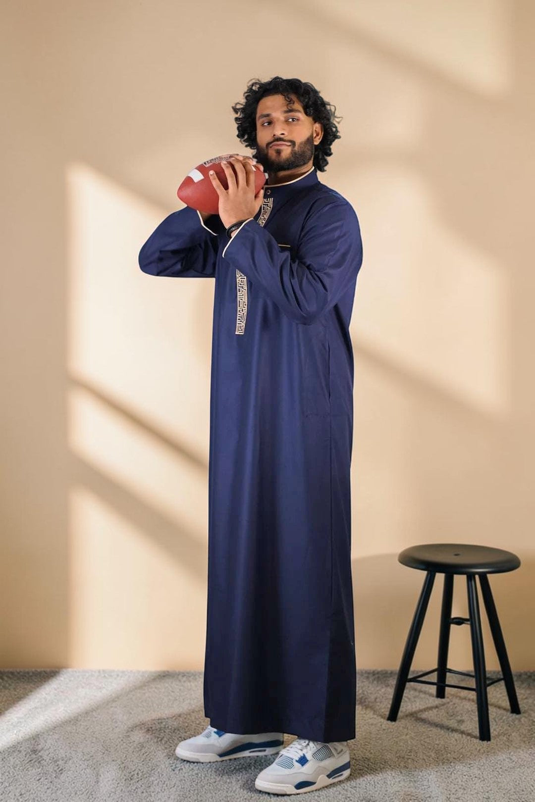 Navy blue and beige thobe with geometric embroidery for men, length and sleeve line