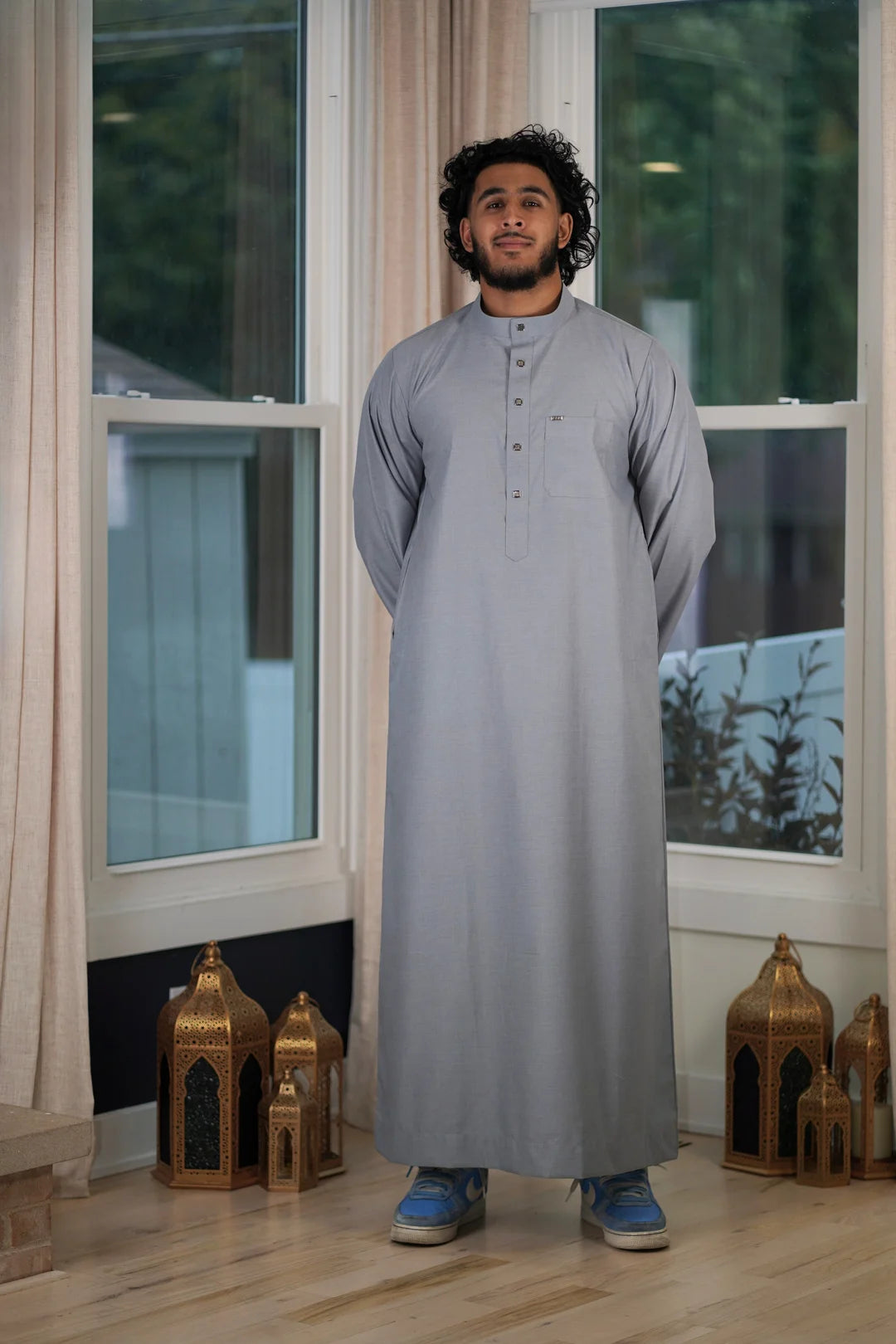 Back view of the Plain Silver Gray Thobe highlighting the clean silhouette and relaxed fit