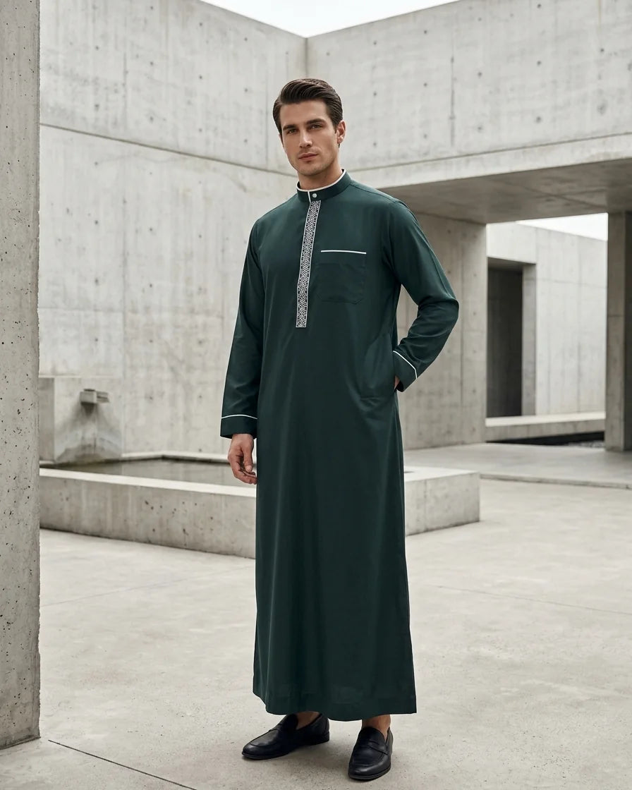 Premium Forest Green Thobe with Embroidery Placket and White Piping