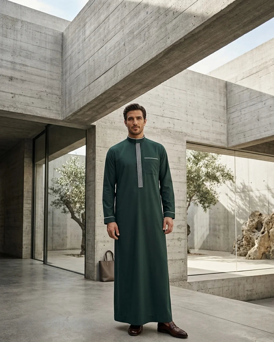 Premium Forest Green Thobe with Embroidery Placket and White Piping